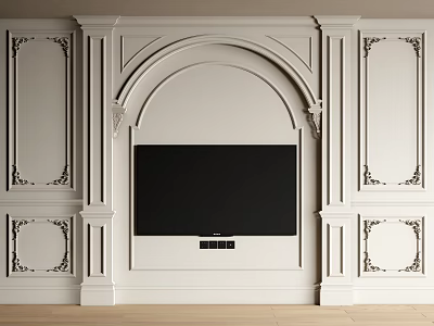 Elegant White TV Wall with Arched Top Symmetrical Decorative Panels and Built in TV 3d model