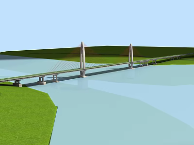 Modern Cable Stayed Bridge Spanning River With Green Grassland And Twin Towers Design 3d model