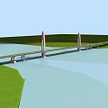 Modern Cable Stayed Bridge Spanning River With Green Grassland And Twin Towers Design