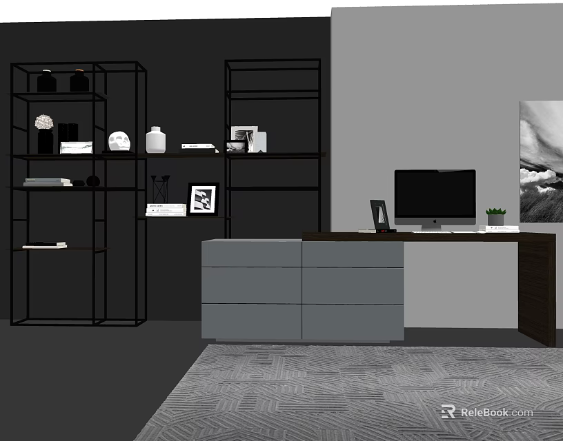 Modern Desk Setup With Black Metal Bookshelves Computer Monitor And Gray Rug 3d model 