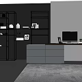 Modern Desk Setup With Black Metal Bookshelves Computer Monitor And Gray Rug