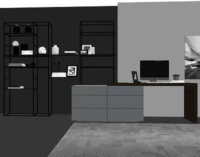 Modern Desk Setup With Black Metal Bookshelves Computer Monitor And Gray Rug 3d model