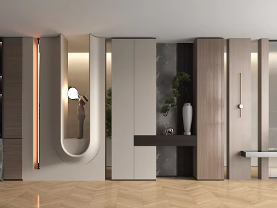 Modern Entryway Interior With Storage Cabinets Round Mirror Green Plant And Console Table 3d model