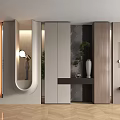 Modern Entryway Interior With Storage Cabinets Round Mirror Green Plant And Console Table