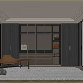 Modern Walk In Closet Interior With Glass Doors Dark Wood Cabinets And Leather Chaise Lounge