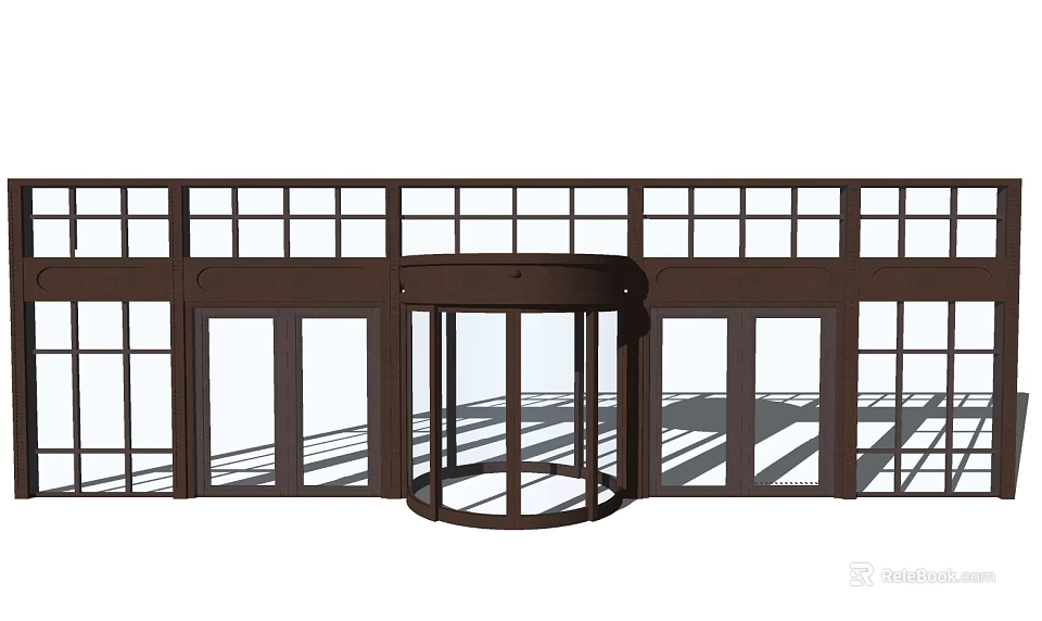 Modern Building Entrance Featuring Revolving Door Brown Frame And Glass Windows 3d model 