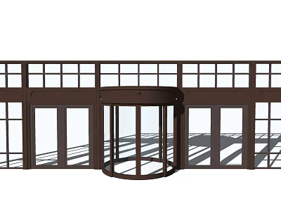Modern Building Entrance Featuring Revolving Door Brown Frame And Glass Windows 3d model