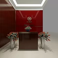 Stylish Front Reception Area With Red Wall Company Logo Flower Vase And Wooden Decor