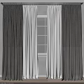 Elegant Gray Thick Curtains and White Sheer Panels Framing Gridded Window 3d model