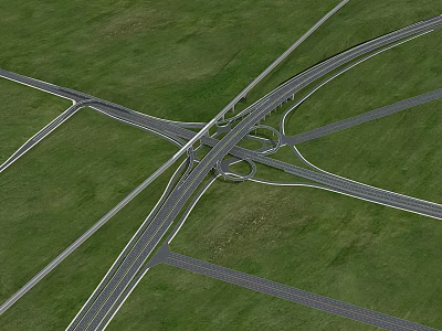 Aerial View Of Complex Interchange Bridge With Multiple Roads And Green Grassland 3d model
