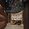 Modern Restaurant Interior With Stylish Hanging Pendant Lights Blue Decor And Brown Leather Chairs