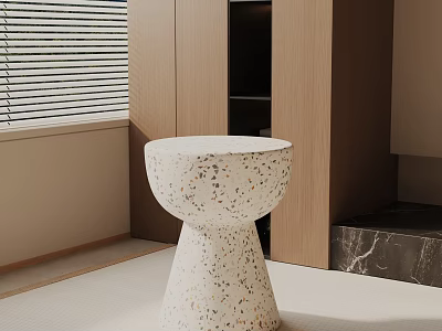 Modern White Speckled Terrazzo Side Table In Room With Wooden Cabinets And Window Blinds 3d model
