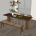 Modern Wooden Dining Table Set With Chairs Bench Vase Flowers And Fruit Bowl Near Window