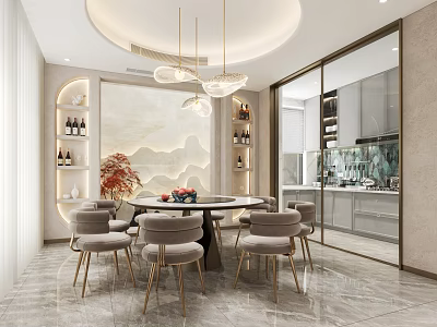Elegant Restaurant Interior Design With Round Dining Table Gray Chairs Golden Chandeliers And Wine Racks 3d model