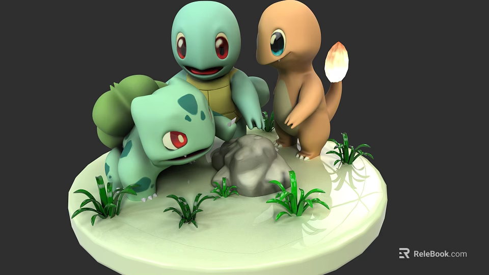 Three Adorable Cartoon Creatures Standing With Green Grass And Rock On Round Platform 3d model 
