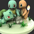 Three Adorable Cartoon Creatures Standing With Green Grass And Rock On Round Platform