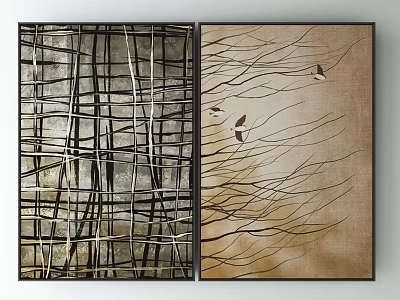Abstract Two Panel Wall Art With Intertwined Lines And Birds On Brown Background 3d model