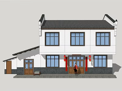 Traditional Chinese Architecture With White Walls Black Tiled Roof And Red Entrance Decorations 3d model
