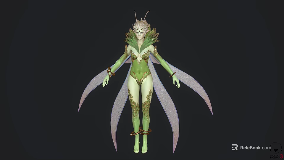 Elven Fairy Character With Green Skin Leafy Wings And Plant Inspired Ornaments 3d model 