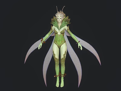 Elven Fairy Character With Green Skin Leafy Wings And Plant Inspired Ornaments 3d model