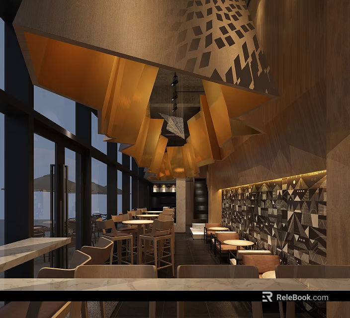 Modern Restaurant Interior With Geometric Ceiling Decor Patterned Walls And Sea View 3d model 