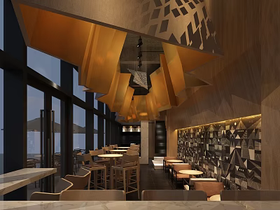 Modern Restaurant Interior With Geometric Ceiling Decor Patterned Walls And Sea View 3d model