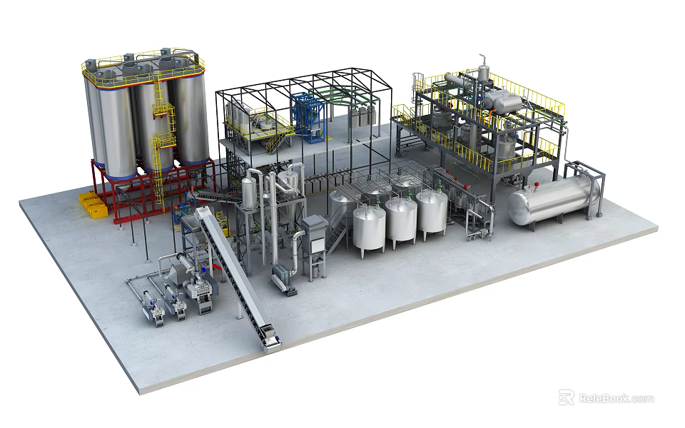 Industrial Equipment Setup Featuring Large Storage Tanks Metal Frameworks and Processing Pipes 3d model 