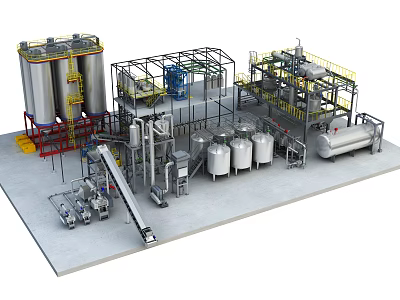 Industrial Equipment Setup Featuring Large Storage Tanks Metal Frameworks and Processing Pipes 3d model