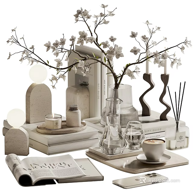 Stylish Decorative Ornament Set With White Blossom Branches Glass Vase Candles Books And Geometric Decor 3d model 