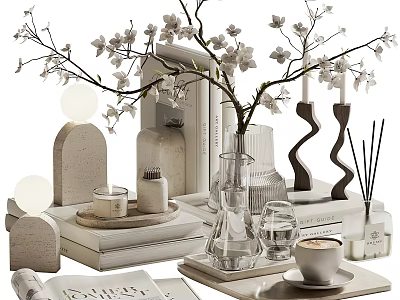 Stylish Decorative Ornament Set With White Blossom Branches Glass Vase Candles Books And Geometric Decor 3d model
