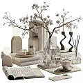 Stylish Decorative Ornament Set With White Blossom Branches Glass Vase Candles Books And Geometric Decor