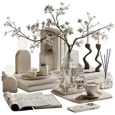 Stylish Decorative Ornament Set With White Blossom Branches Glass Vase Candles Books And Geometric Decor 3d model