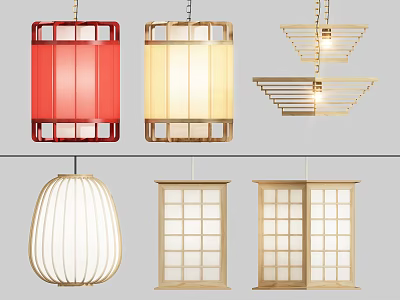 Various Design Pendant Lights With Wooden Frame Fabric Shade And Lattice Pattern For Modern Interior 3d model