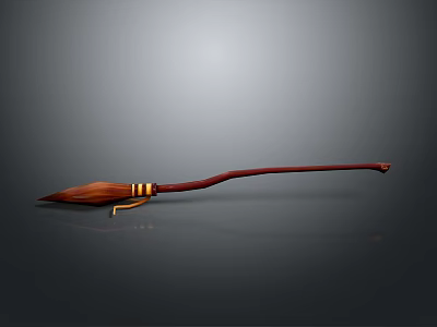 Vintage Style Broom With Red Wooden Handle Brown Bristles And Golden Band 3d model