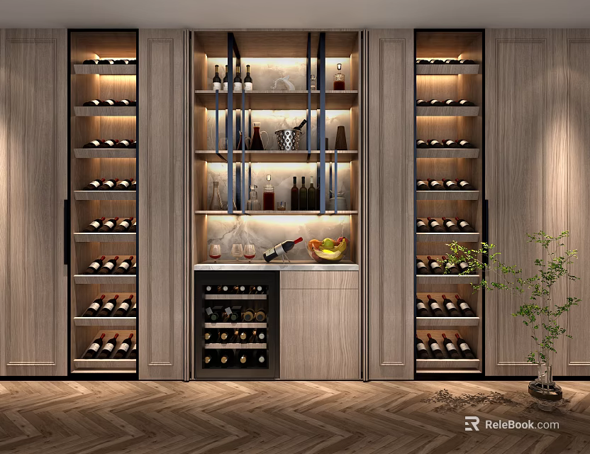 Elegant Modern Wine Cabinet Interior With Display Shelves And Marble Countertop 3d model 