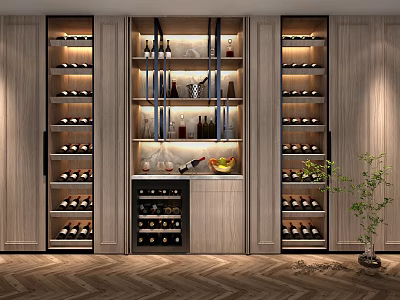 Elegant Modern Wine Cabinet Interior With Display Shelves And Marble Countertop 3d model