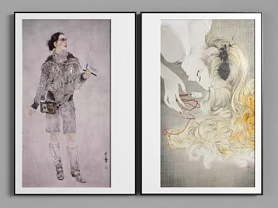 Figure Paintings Featuring Stylish Figure With Camera And Long Haired Woman With Golden Hair 3d model