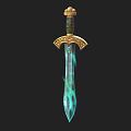 Ornate Fantasy Sword With Golden Hilt Crossguard Green Gem And Blue Glowing Patterns