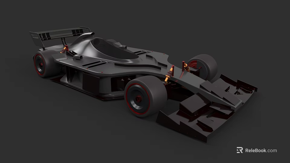 3D Rendered Black Race Car With Large Rear Wing Wide Tires And Red Rims 3d model 