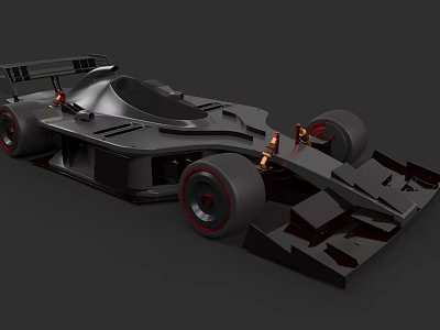 3D Rendered Black Race Car With Large Rear Wing Wide Tires And Red Rims 3d model