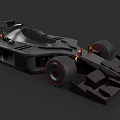 3D Rendered Black Race Car With Large Rear Wing Wide Tires And Red Rims