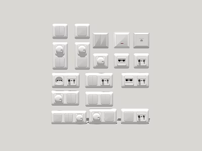 White Switch Panels with Various Styles Including Single Double Switches and Sockets Neatly Arranged 3d model