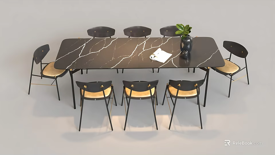 Modern Dining Table Set With Marble Top And Chairs Wooden Seats Green Plant And Notebook 3d model 