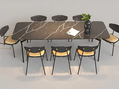 Modern Dining Table Set With Marble Top And Chairs Wooden Seats Green Plant And Notebook 3d model