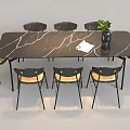 Modern Dining Table Set With Marble Top And Chairs Wooden Seats Green Plant And Notebook