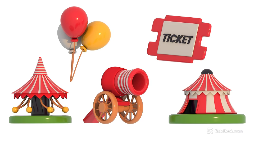Circus Themed Decorative Ornament Set With Colorful Balloons Ticket Sign Circus Tent And Cannon 3d model 