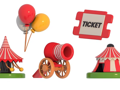 Circus Themed Decorative Ornament Set With Colorful Balloons Ticket Sign Circus Tent And Cannon 3d model