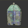 Ancient Bronze Vessel With Turquoise Blue Patina Roof Shaped Lid And Intricate Patterns