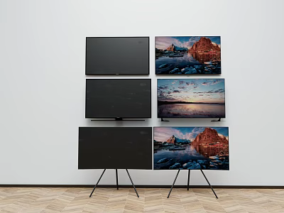 Black Screen And Landscape Display Televisions On Tripod Stands Against White Wall And Wooden Floor 3d model