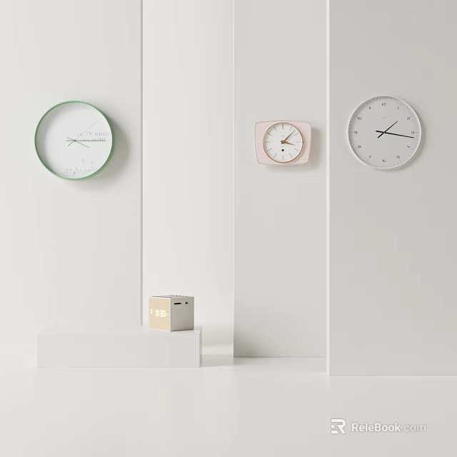 Modern Wall Clocks In Various Colors Hanging On White Interior Walls 3d model 